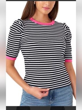 Rebecca Minkoff Black & White Striped Short-Sleeve Tee with Pink Trim
